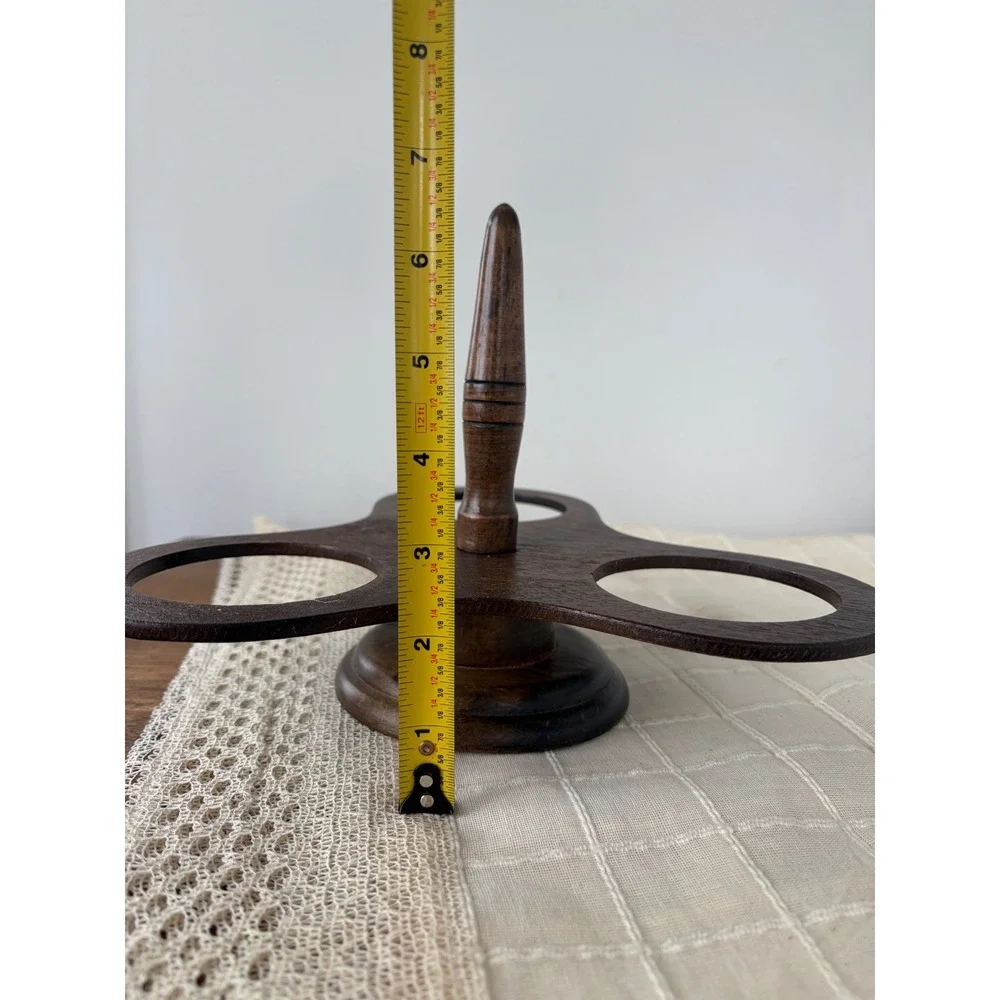 Vintage Dark Wood 3 Hole Condiment Caddy Cruet Stand with Handle
